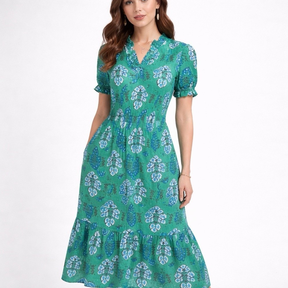 J.Crew Floral Midi Dress Green Blue Puff‎ Sleeve Ruffle Collar Size 4